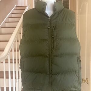 L.L. Bean Olive Green Goose Down Insulated Puffer Vest Zip Pockets Womens M